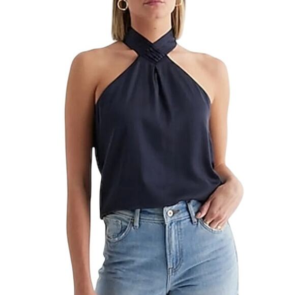 NWT Express Satin Gathered Halter Neck Tank Navy Blue Size Small - Picture 1 of 3